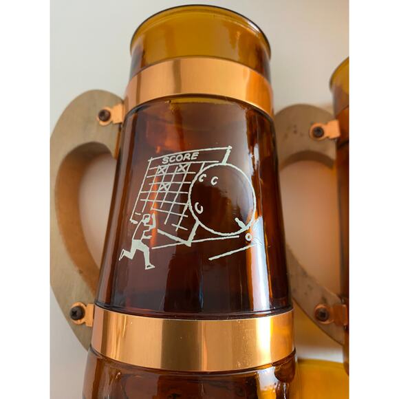 Vintage Amber Glass Beer Mugs Set of 8 – Sports Motif, 1960s Retro Barware - Picture 8 of 10